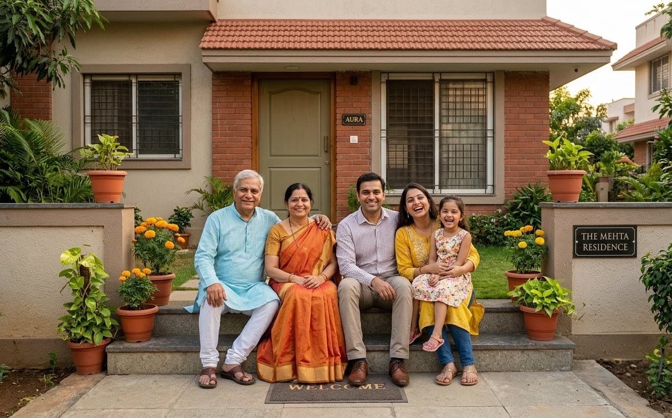 A happy family sitting together on the front steps of their new home